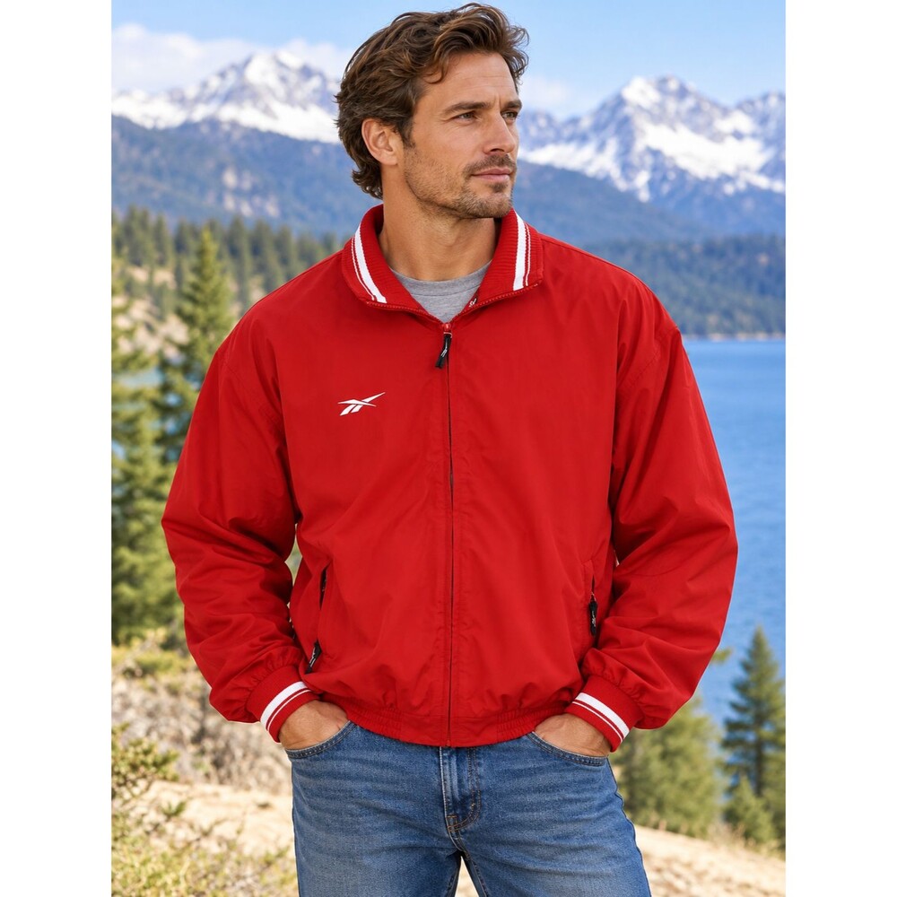 VTG Men's M Reebok Windbreaker Jacket Red White Full Zip Lined 1990s Retro GUC